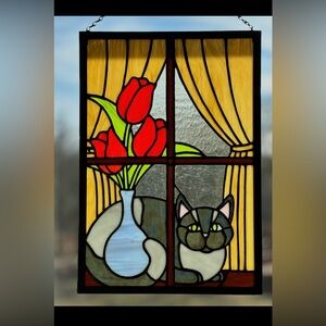 Handmade Stained Glass Hanging Panel w/ Cat & curtains. Cat in a Window design
